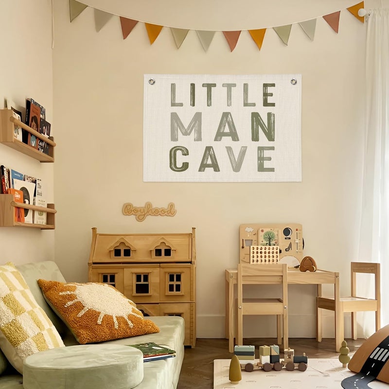 PLKMN Little Man Cave Decor for Nursery, Sage Green Canvas Banner, Long Live Boyhood Wall Hanging Linen Banner Flag Decor for Nursery Playroom Toddler Room, Boys Kids Room Decor - Image 4